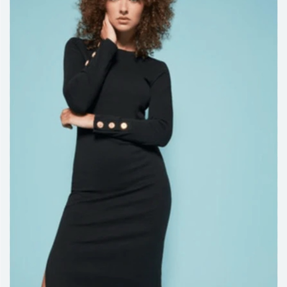 NATION LTD THEO CONTRAST MIDI DRESS WITH GOLD IN JET BLACK sz XS
